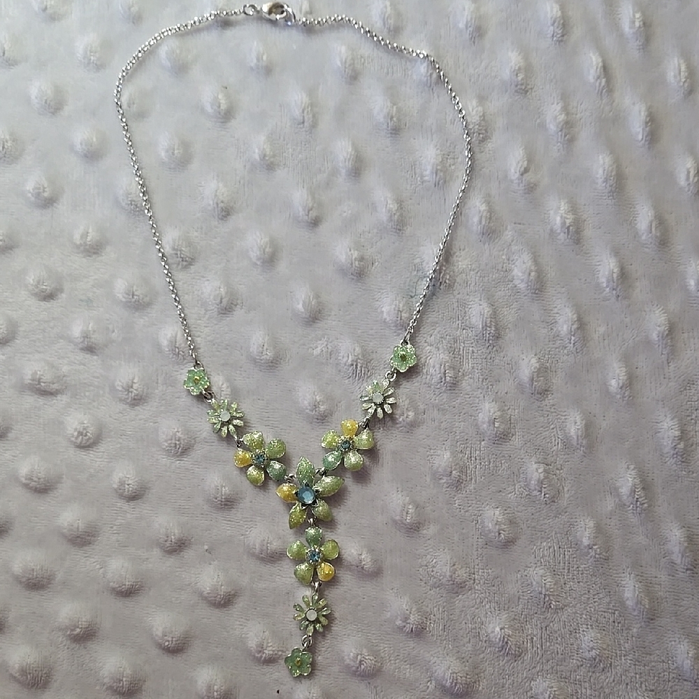 Floral Silver Necklace with Green and Yellow Accents